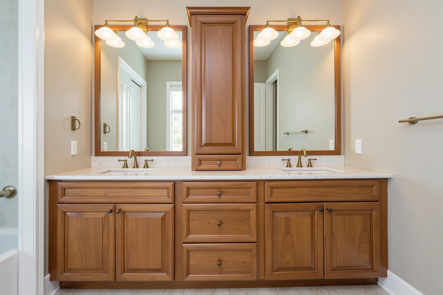 Warm wood double vanity with raised-panel doors, a tall centre tower, two undermount sinks, brass faucets and framed mirrors.