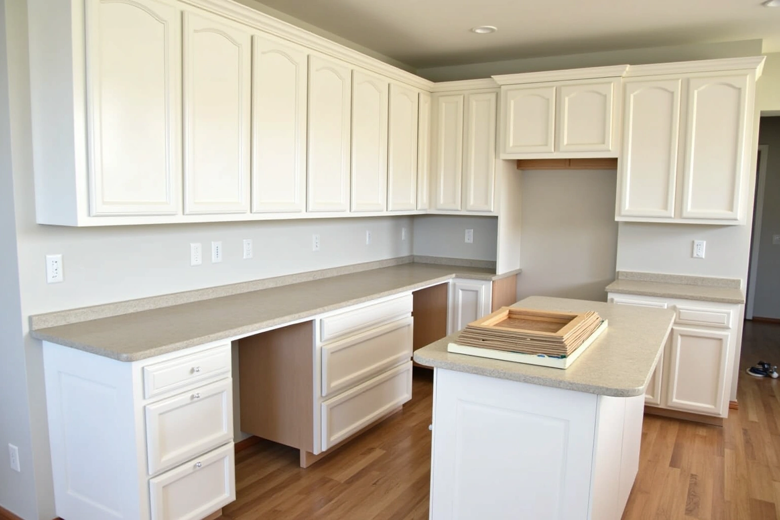 White raised-panel kitchen with two base cabinets stripped to bare boxes and new door frames stacked on the island.