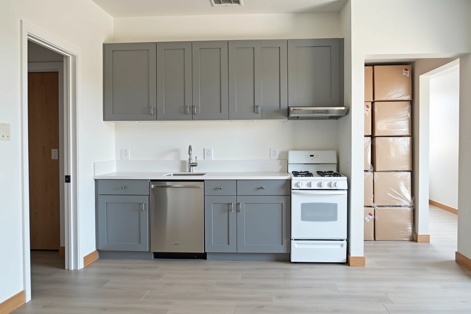 Grey shaker kitchen with a white counter, stainless dishwasher and white range, wrapped cabinet boxes stacked beyond the doorway.