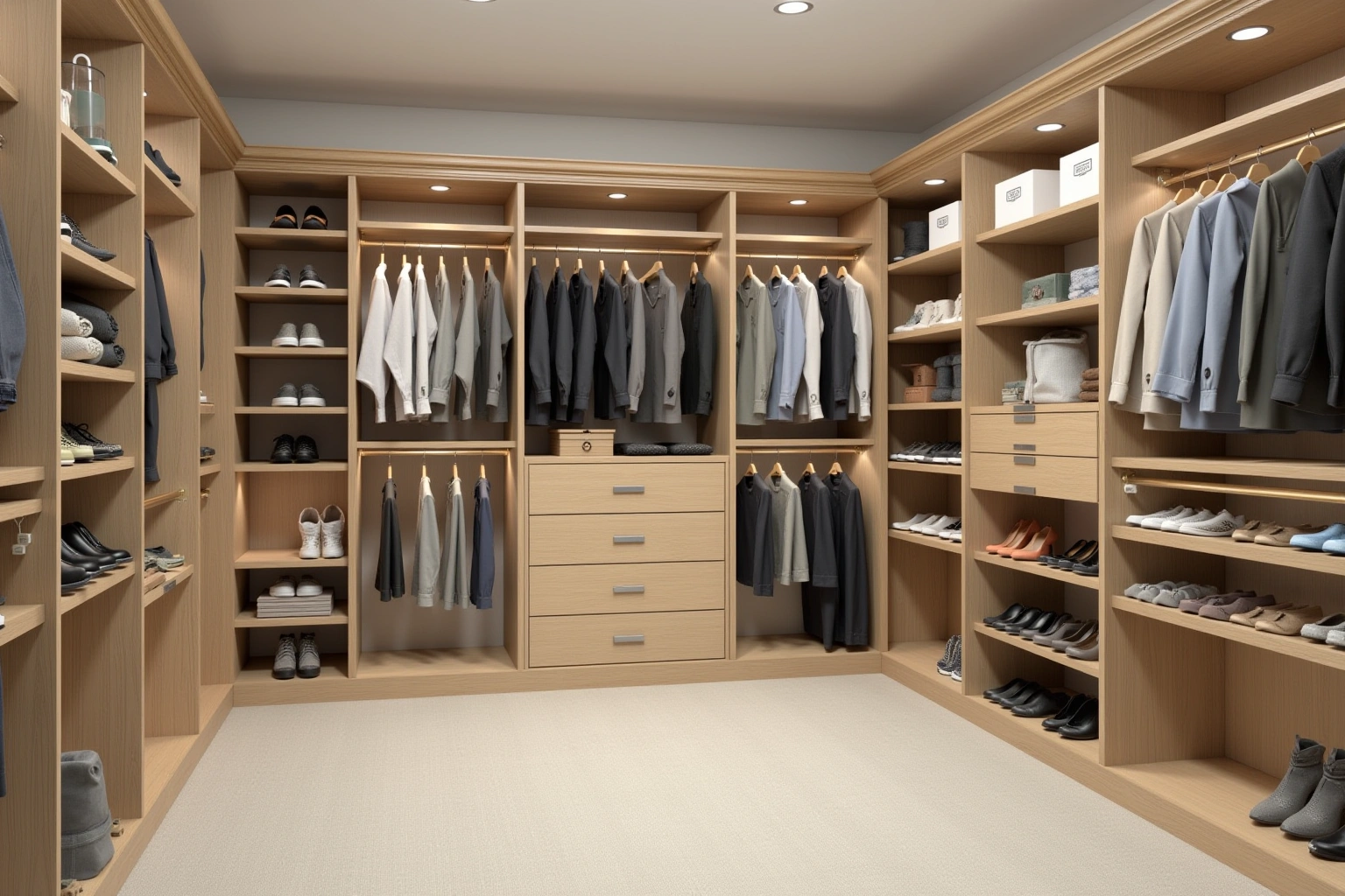Walk-in closet in light oak with double-hang and long-hang rails, a bank of drawers and open shoe shelves.