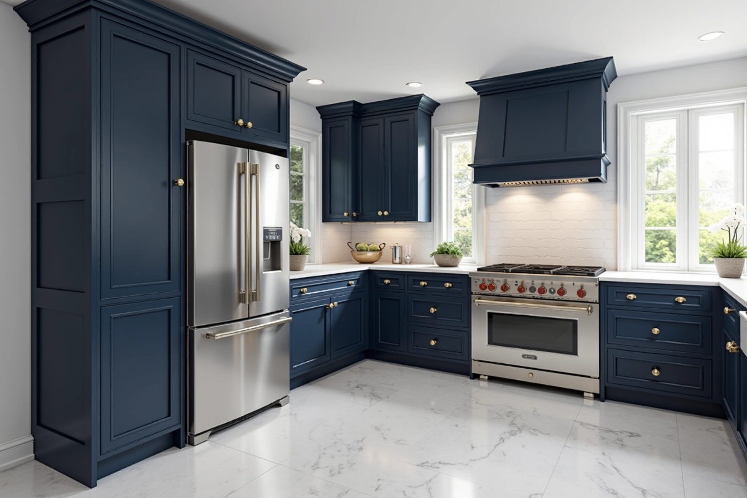 Floor-to-ceiling navy cabinets with brass knobs, a navy range hood, stainless refrigerator and range, white brick backsplash.