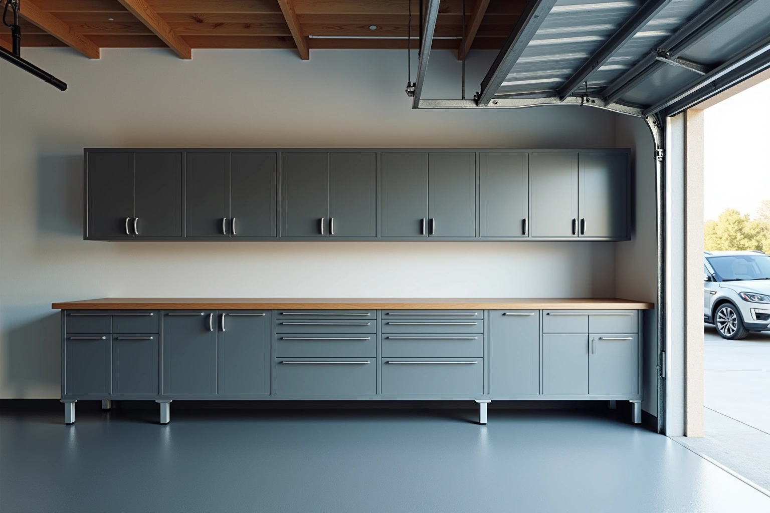 Grey steel garage cabinets on legs under a wood workbench top, matching uppers, epoxy floor, open garage door.