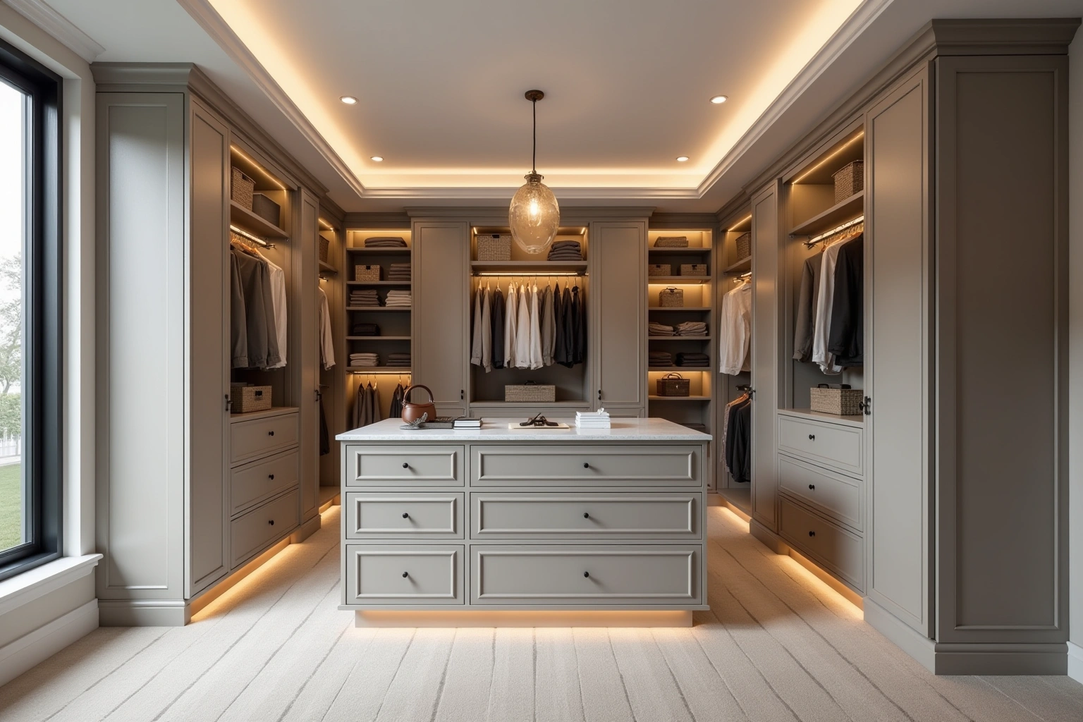 Walk-in closet with floor-to-ceiling taupe fitted cabinetry, lit shelves, hanging rails and a central island of drawers.