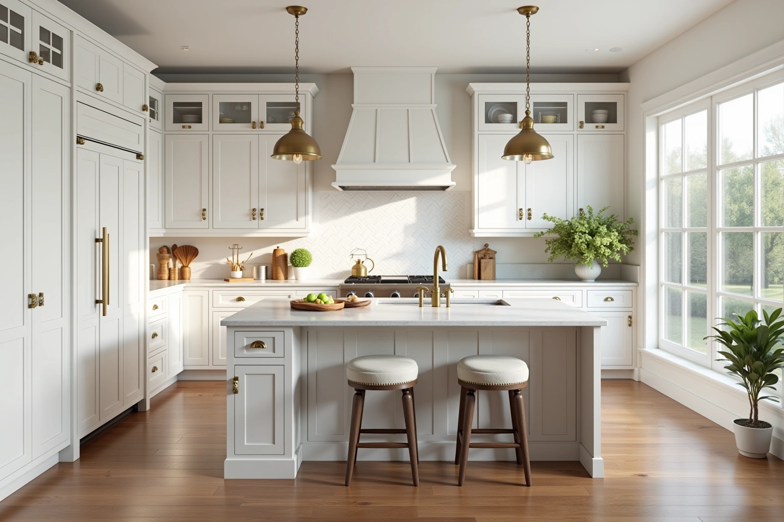 White shaker kitchen with brass pulls, a white island with two upholstered stools under brass pendants, wood floor.