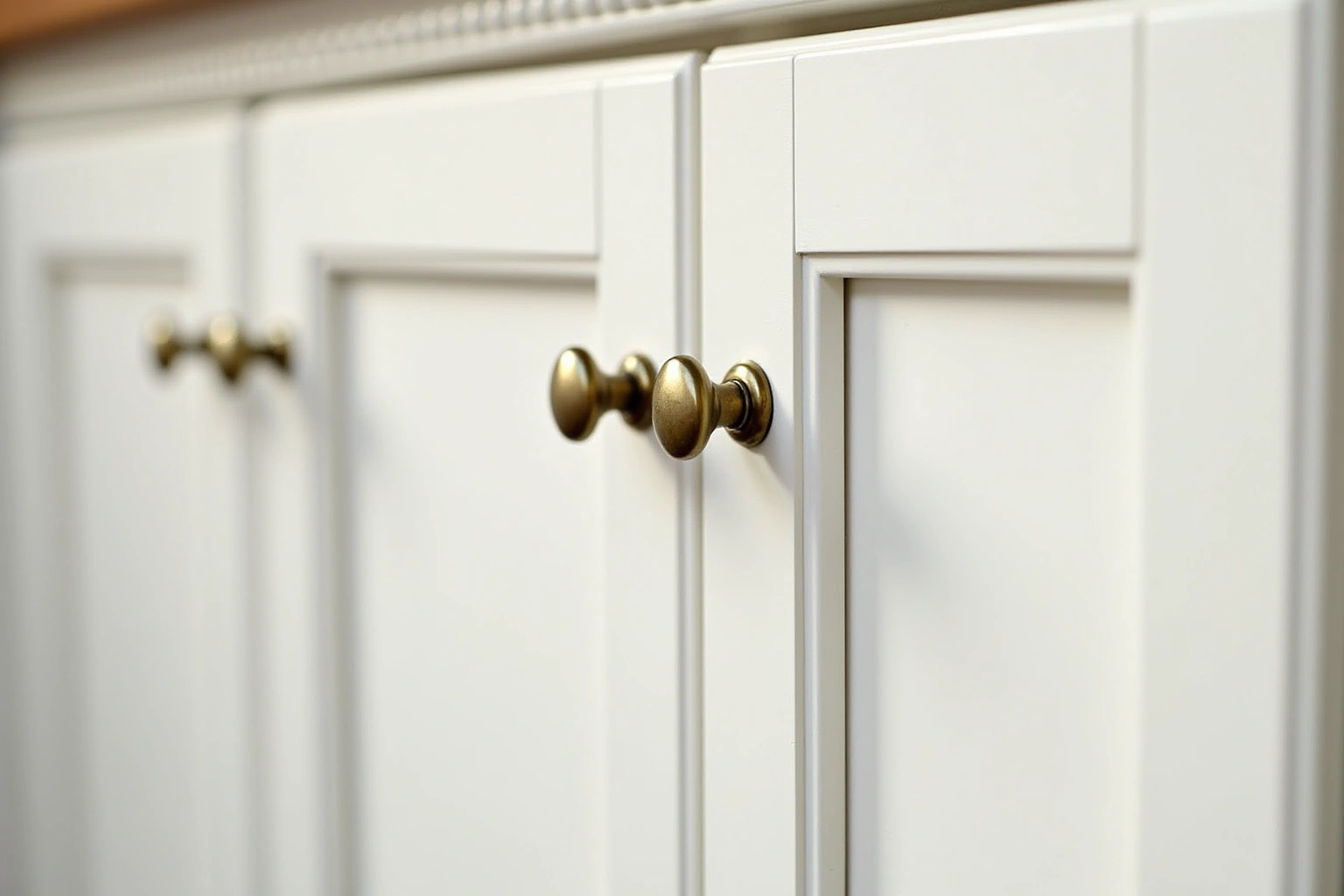 Close view of soft white inset cabinet doors with brass knobs and a narrow even reveal in the face frame.