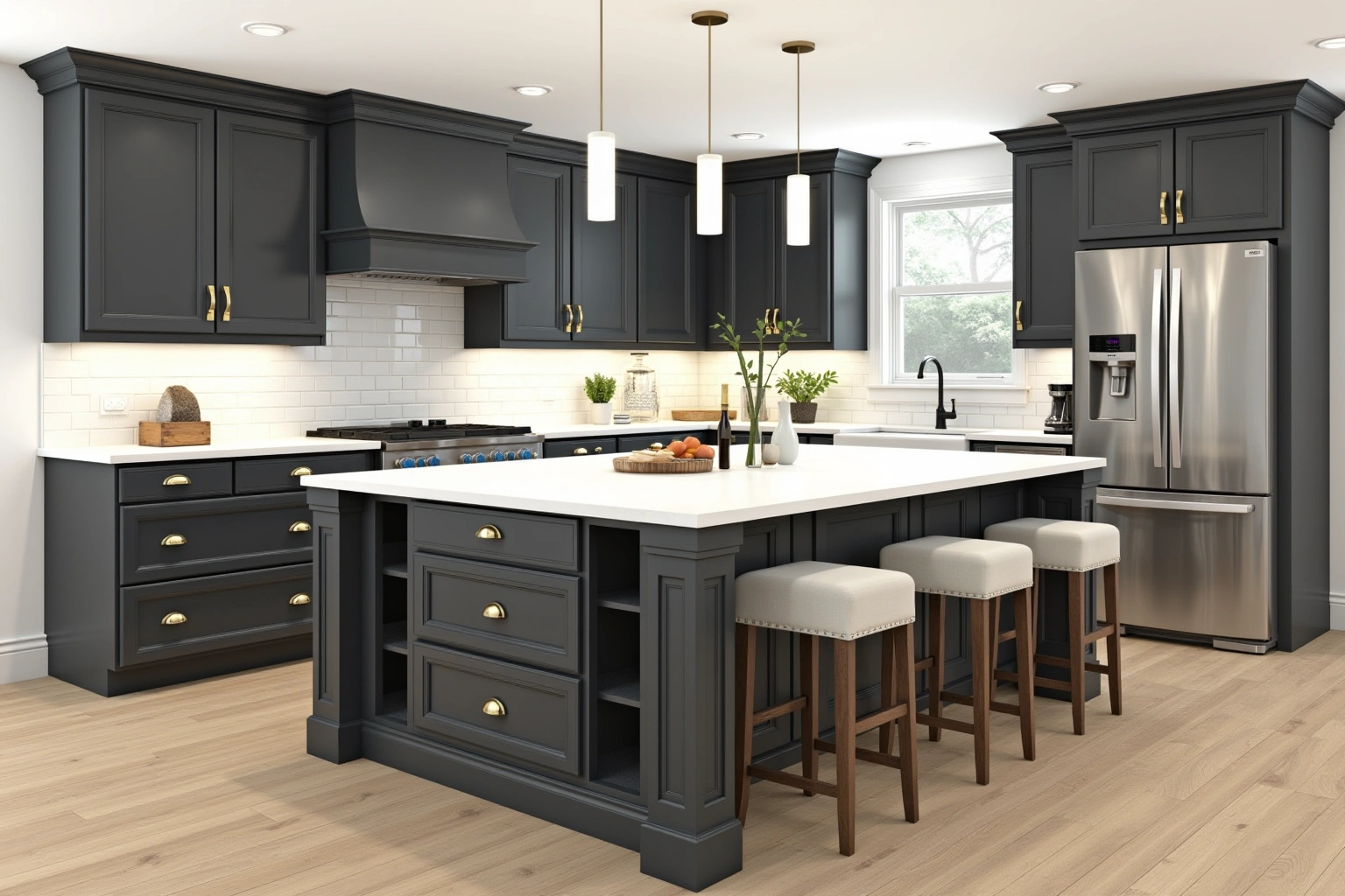 Large charcoal island with drawers, open end shelves, three upholstered stools and a white quartz top under three pendants.