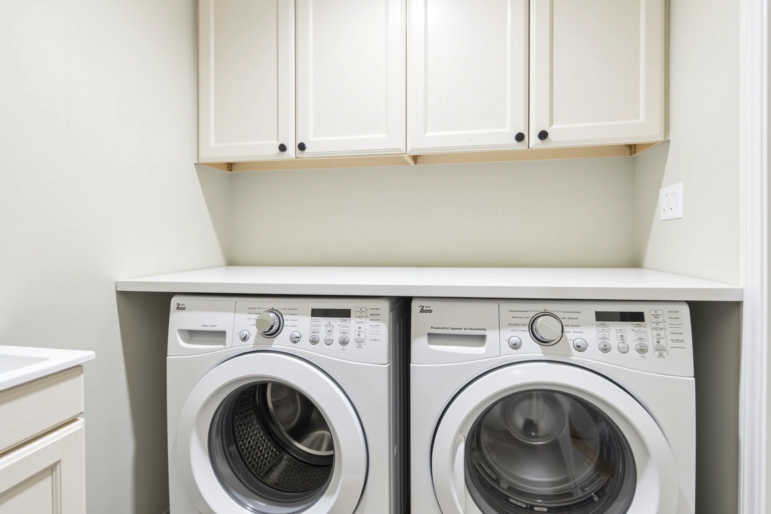 White shaker upper cabinets over a folding counter spanning a front-loading washer and dryer, sink cabinet at left.