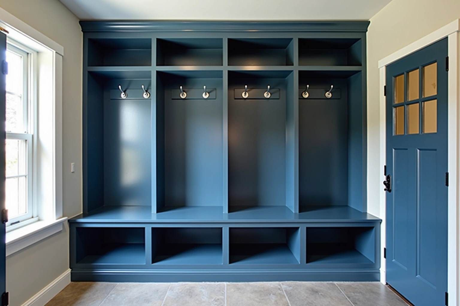 Four deep blue mudroom lockers with chrome hooks, cubbies above and a bench with open storage below.