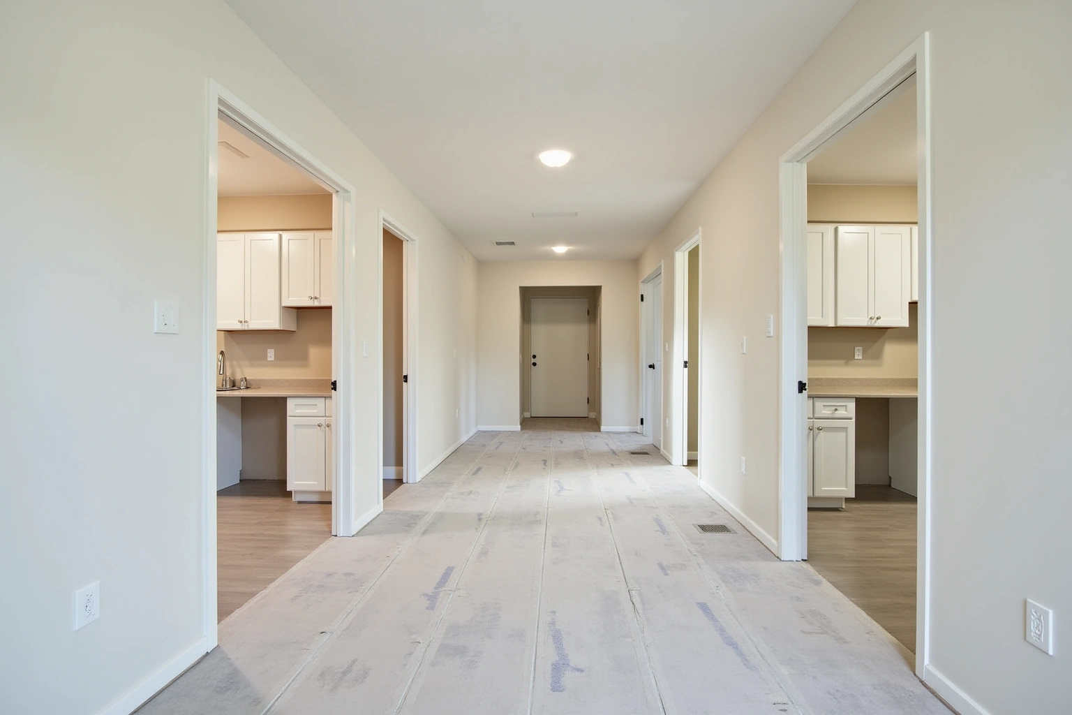 Unfinished corridor with paper-covered floor and open doors showing identical white shaker kitchens in each unit.