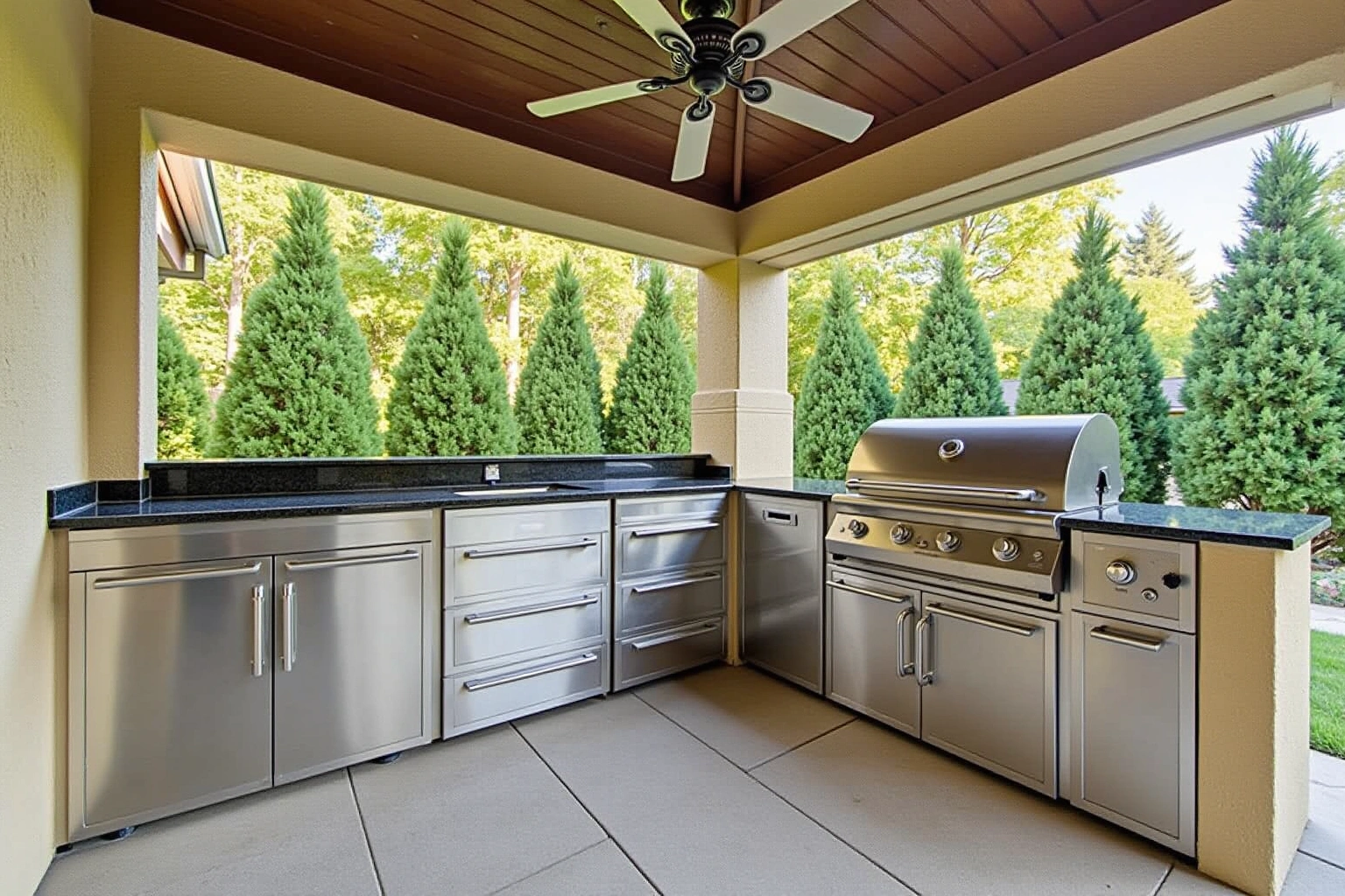 Covered patio with stainless steel cabinets and drawers under black granite, a built-in grill, ceiling fan and evergreens beyond.