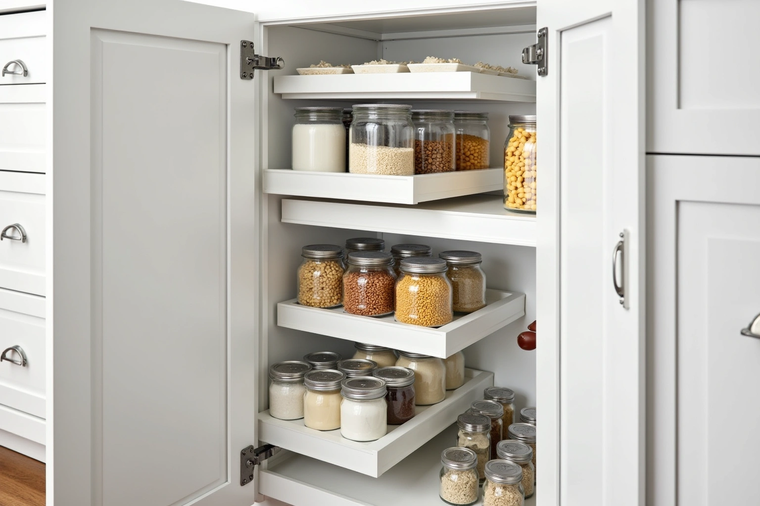 White pantry cabinet with doors open on roll-out trays of unlabelled glass jars holding grains, beans and flour.