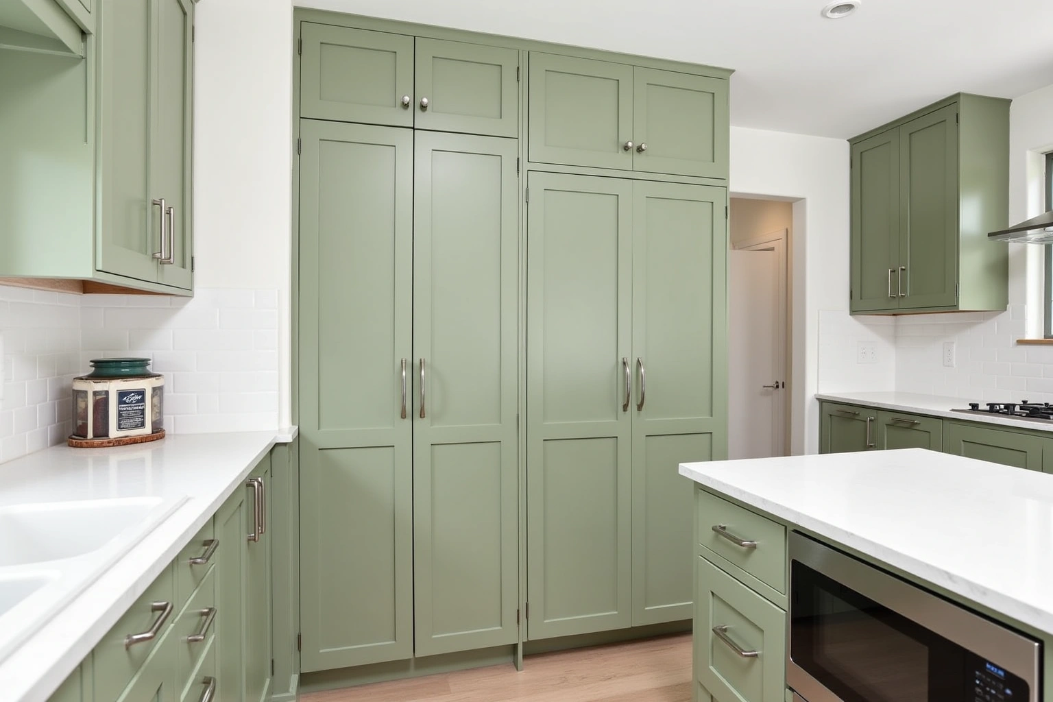 Sage green shaker cabinets with brushed nickel pulls, tall pantry doors, an island microwave drawer and white quartz counters.