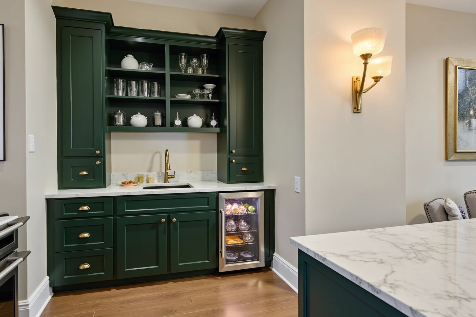 Dark green butler's pantry with open shelves of glassware, a small brass-faucet sink, glass-front beverage fridge and marble counter.