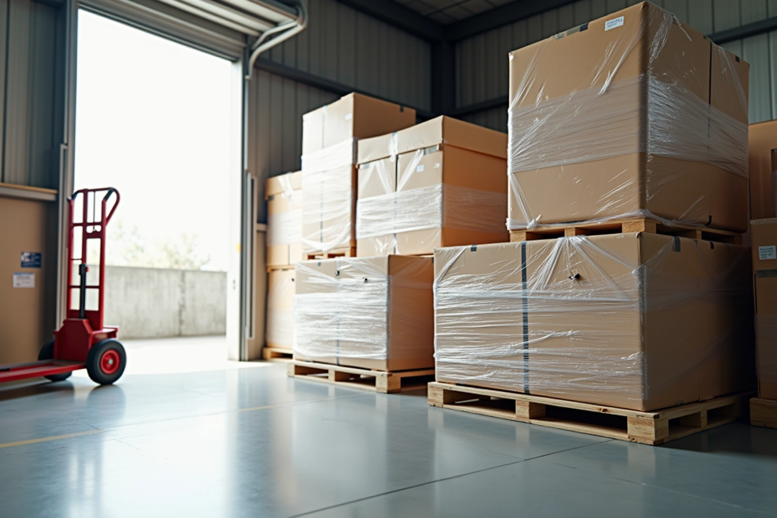 Shrink-wrapped cabinet boxes stacked on wooden pallets in a warehouse, a red hand truck beside an open loading door.